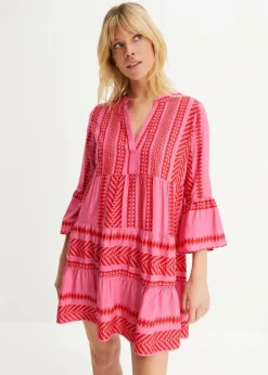 bonprix Bekleidung·Pullover & Strickjacken|Kleider^Tunika-Kleid aus fließender Viskose rot/pink gemustert