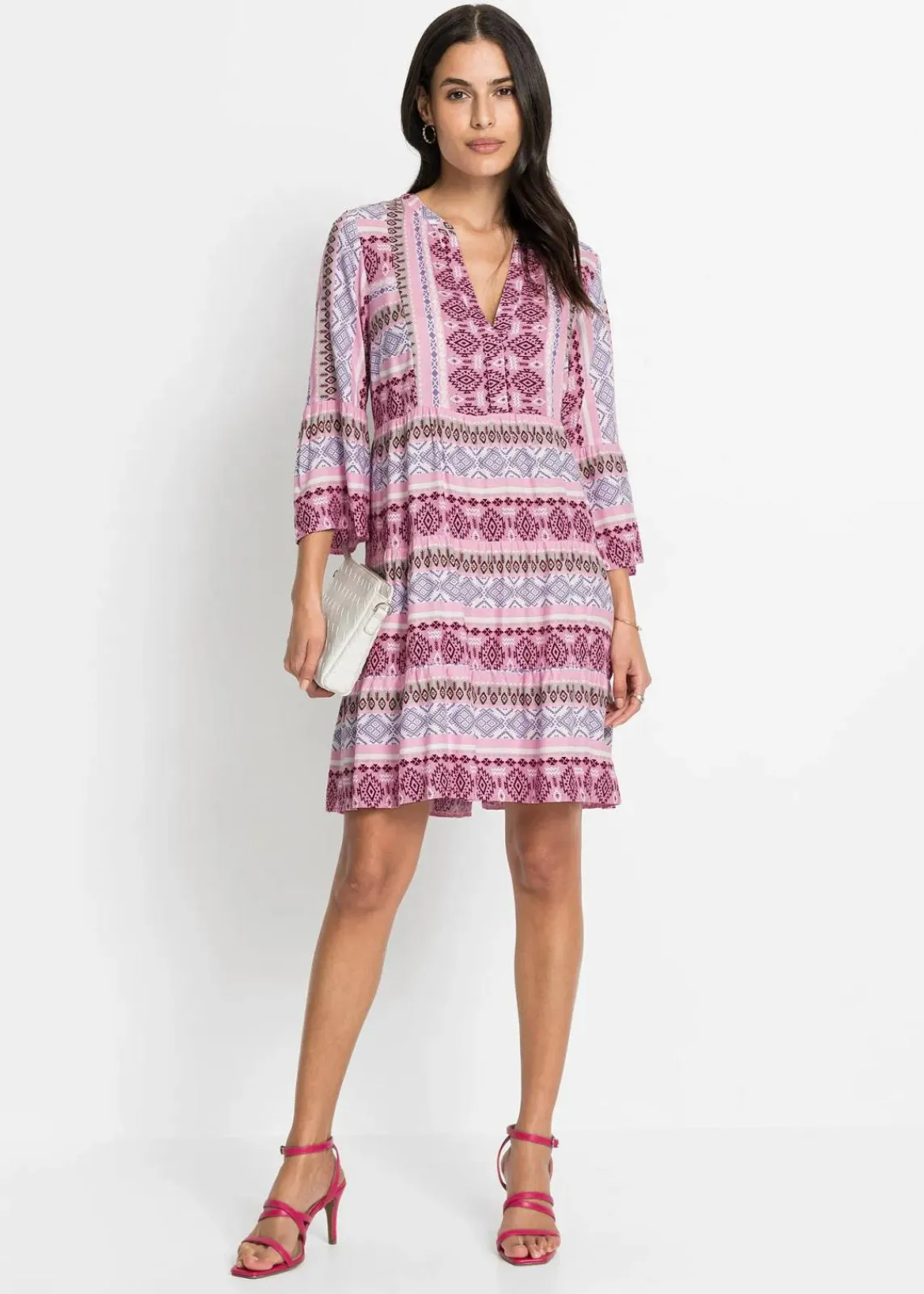 bonprix Nachhaltigere Materialien|Kleider^Tunika-Kleid aus fließender Viskose rosa / weiß / helllila bedruckt