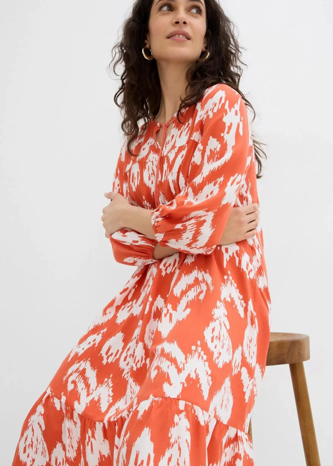 bonprix Kleider|Zweiteiler & Sets^Tunika-Kleid aus reiner Viskose zimtrot /wollweiß bedruckt
