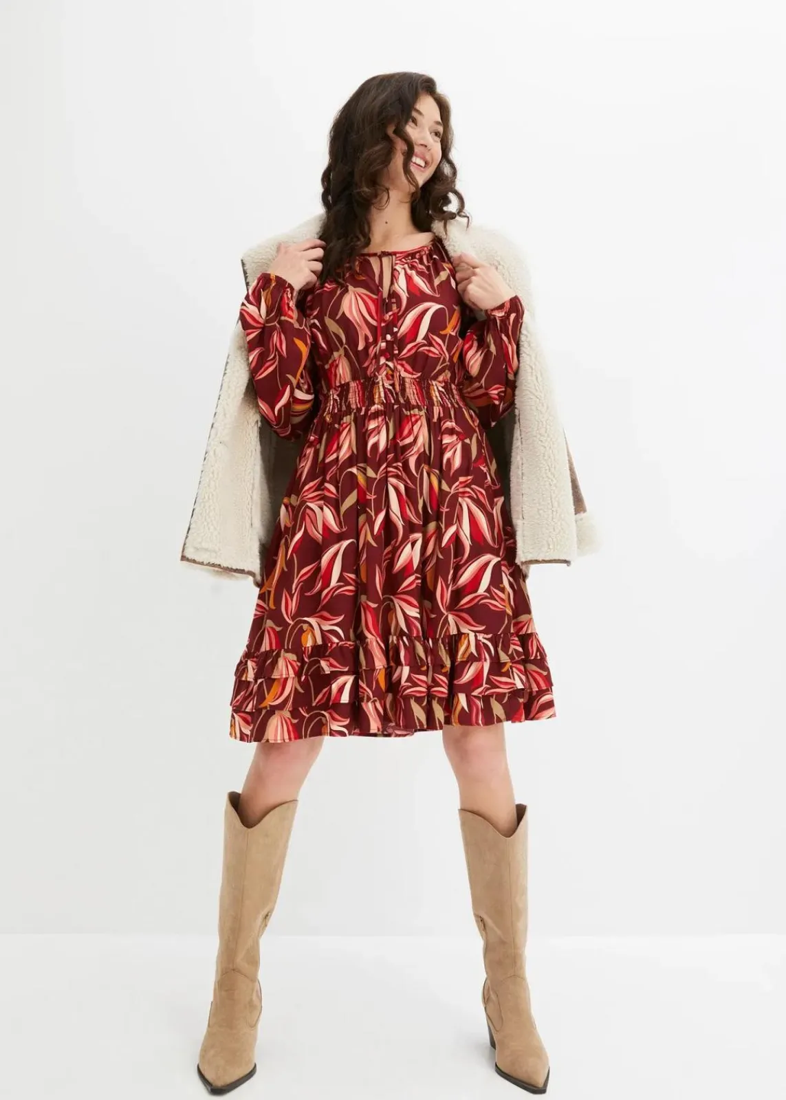 bonprix Bekleidung·Pullover & Strickjacken|Kleider^Tunika-Kleid aus reiner Viskose rubinrot/rot floral
