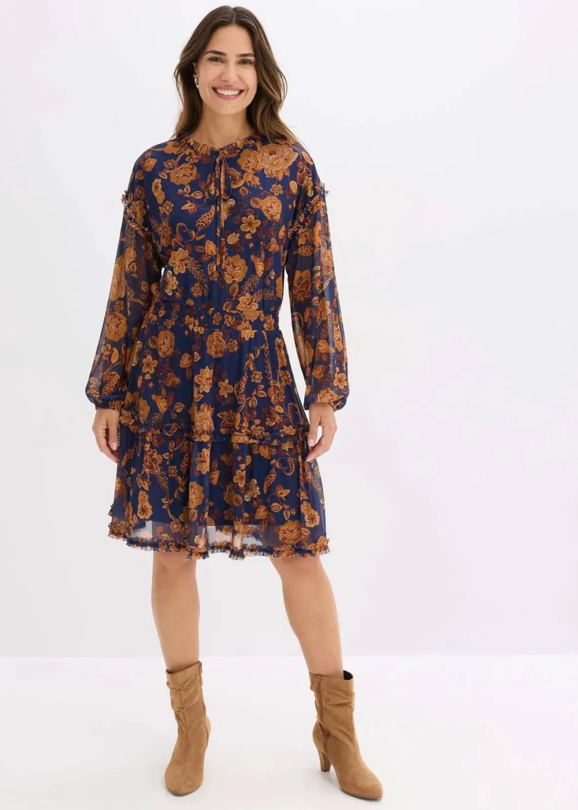 bonprix Bekleidung·Pullover & Strickjacken|Kleider^Tunika-Kleid aus softem Mesh dunkelblau floral
