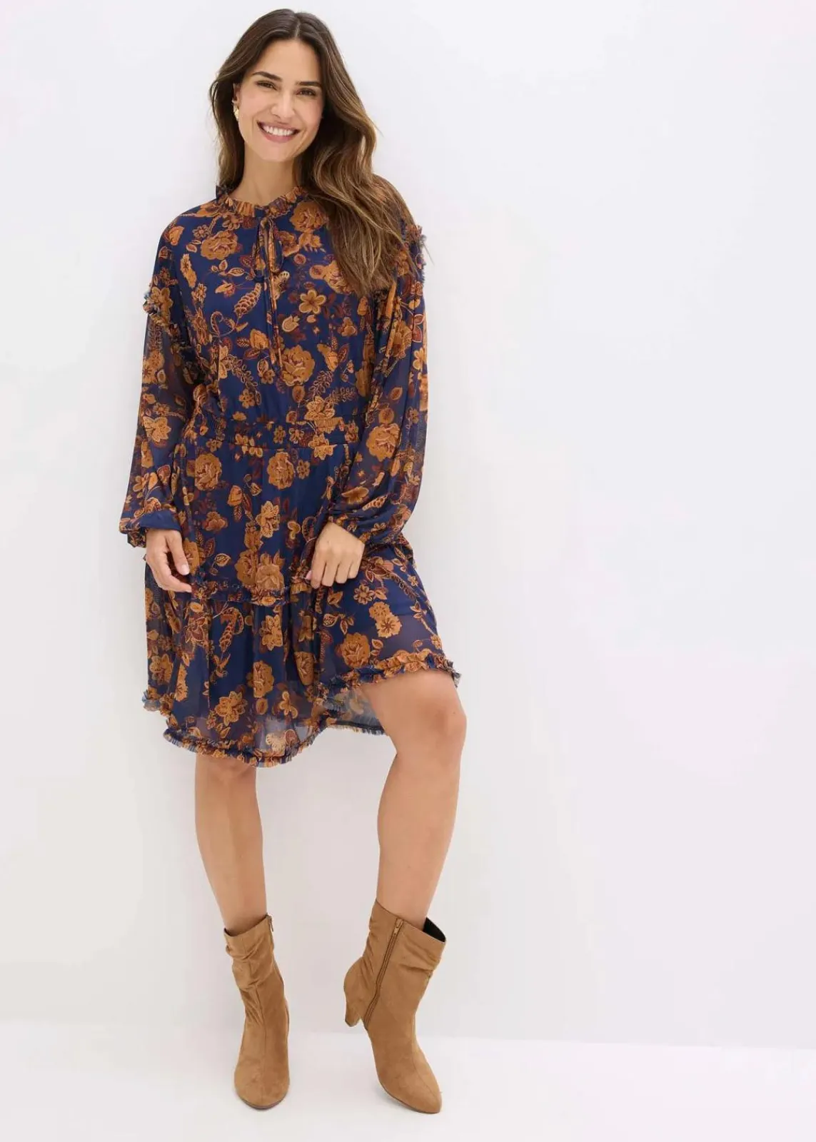 bonprix Bekleidung·Pullover & Strickjacken|Kleider^Tunika-Kleid aus softem Mesh dunkelblau floral