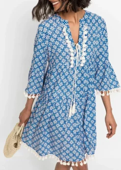 bonprix Bekleidung·Pullover & Strickjacken|Kleider^Tunika-Kleid aus softer Viskose blau / wollweiß bedruckt