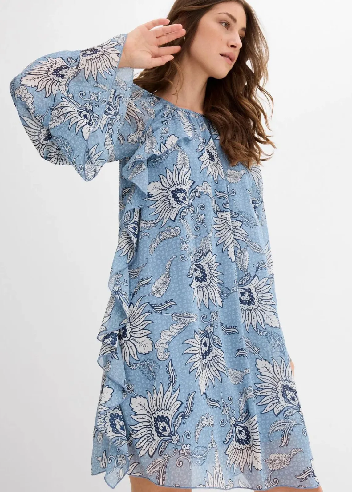bonprix Kleider|Nachhaltigere Materialien^Tunika-Kleid aus strukturiertem Chiffon wellenblau/wollweiß bedruckt