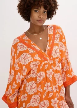 bonprix Bekleidung·Pullover & Strickjacken|Kleider^Tunika-Kleid mit Spitze aus strukturierter Viskose orange floral