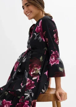 bonprix Bekleidung·Blazer|Umstandsmode^Umstands- und Stillblusenkleid aus reinem Bio-Baumwoll-Satin schwarz/altrosa geblümt