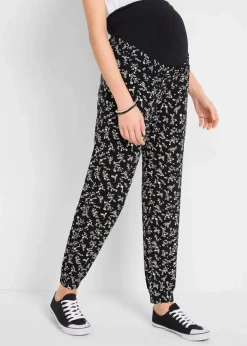 bonprix Bekleidung·Blazer|Umstandsmode^Umstandshose mit verspieltem Druck aus Viskose-Mix, Loose Fit schwarz geblümt