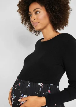 bonprix Bekleidung·Blazer|Nachhaltigere Materialien^Umstandskleid aus Strick und Viskose schwarz geblümt