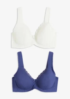bonprix Wäsche·Baumwollunterwäsche|Wäsche·Große Cups D-H^Unwattierter T-Shirt BH mit Bügel mit Bio-Baumwolle (2er Pack) wollweiß + dunkelpazifik