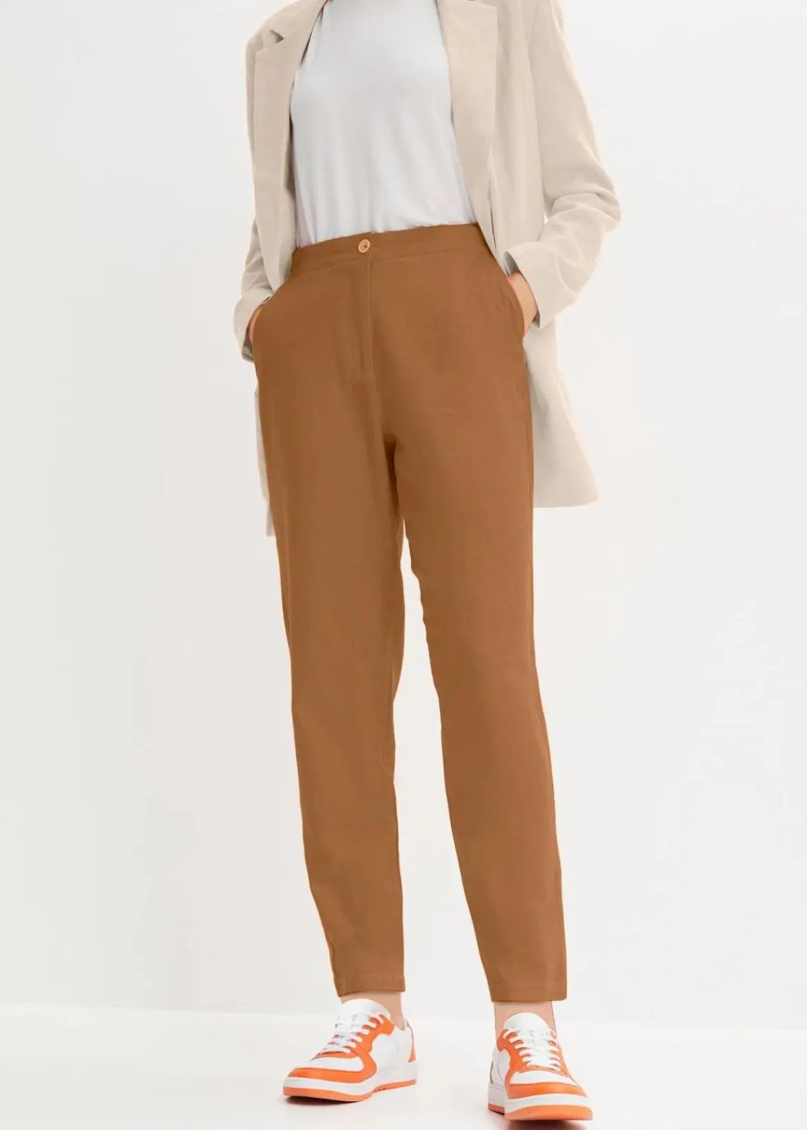 bonprix Nachhaltigere Materialien|Hosen^Verkürzte High-Waist-Hose aus Leinen-Viskose-Mix cognac braun