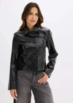 bonprix Jacken & Mäntel^Verkürzte Lederimitat-Jacke mit glossy Krokoprägung schwarz