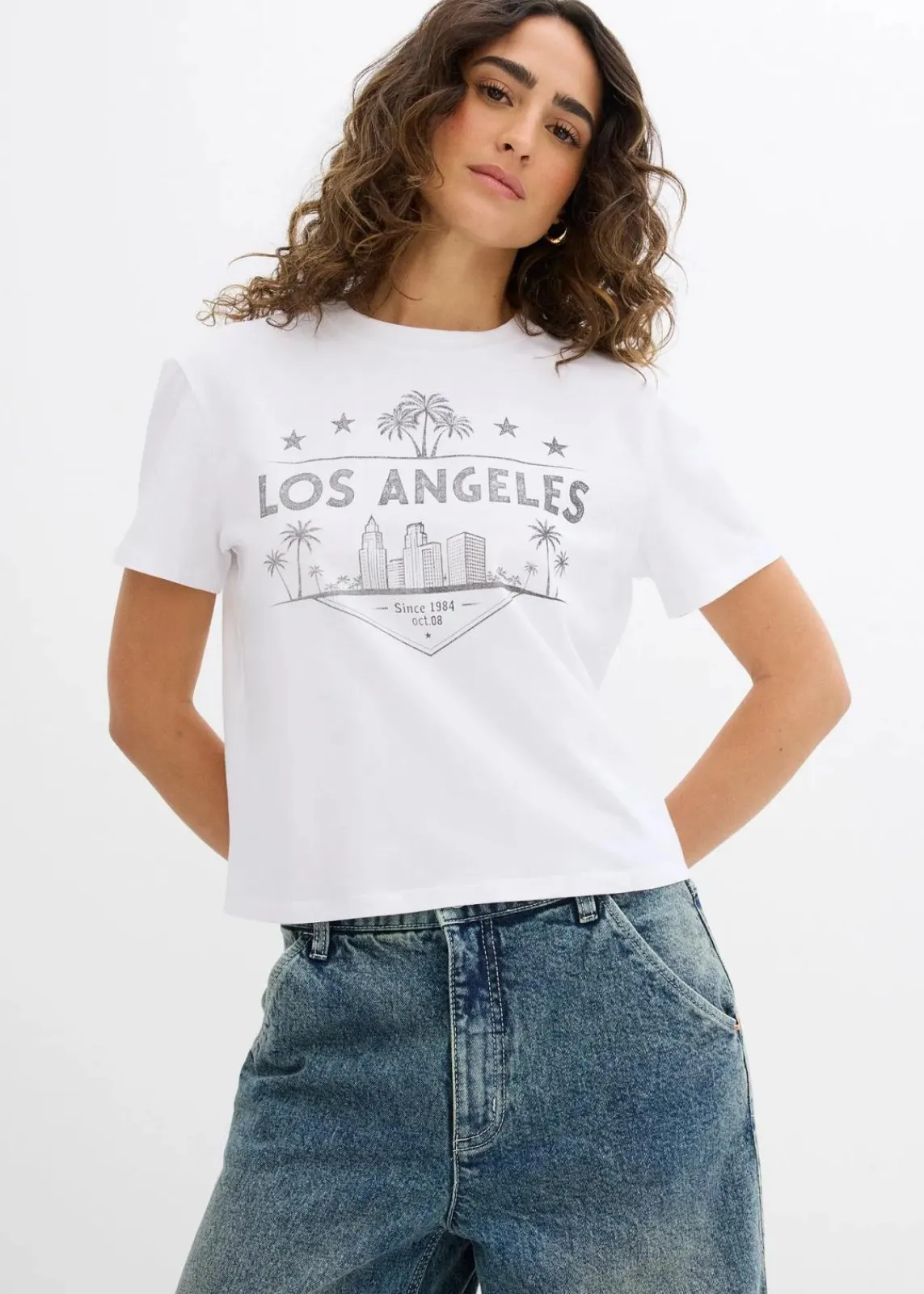 bonprix Shirts & Tops^Verkürztes T-Shirt aus Jersey weiß/schwarz bedruckt