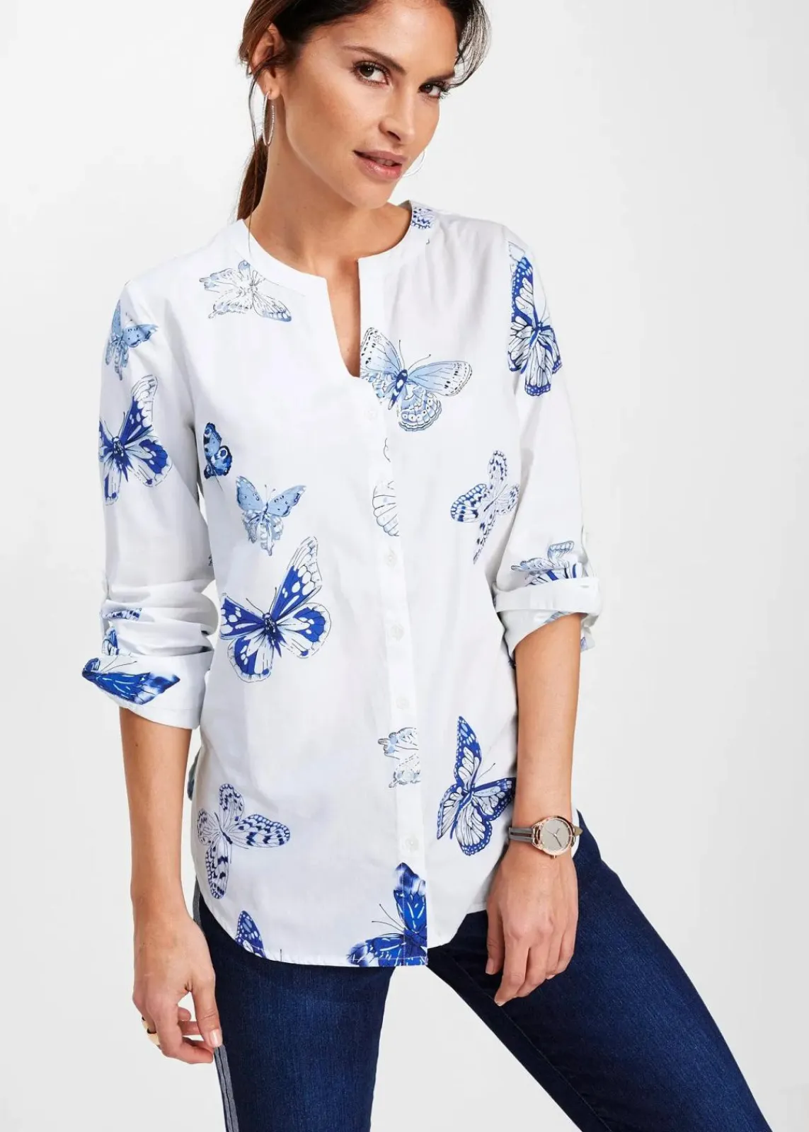 bonprix Bekleidung·Jacken & Mäntel|Blusen & Tuniken^Viskose Bluse bedruckt weiß/blau bedruckt