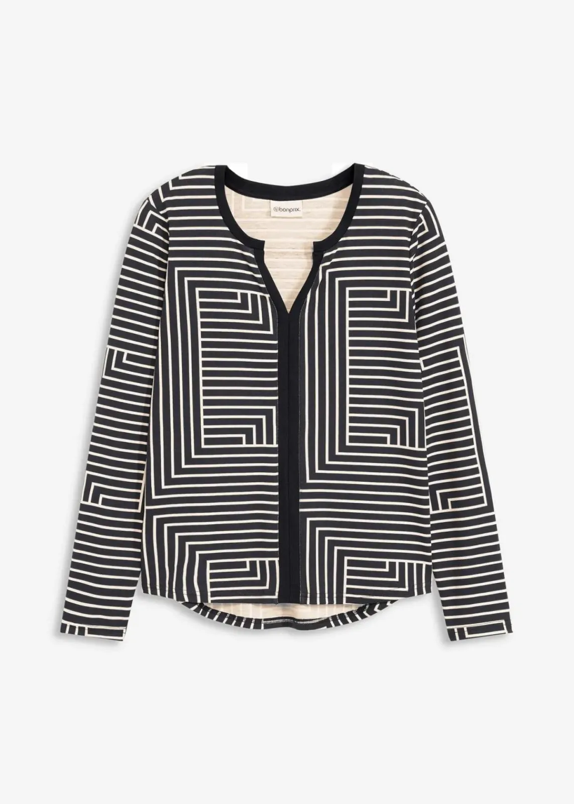 bonprix Shirts & Tops^Viskose Langarmshirt schwarz/naturbeige graphisch bedruckt