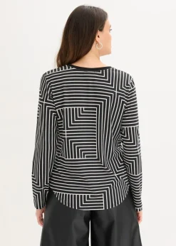 bonprix Shirts & Tops^Viskose Langarmshirt schwarz/naturbeige graphisch bedruckt