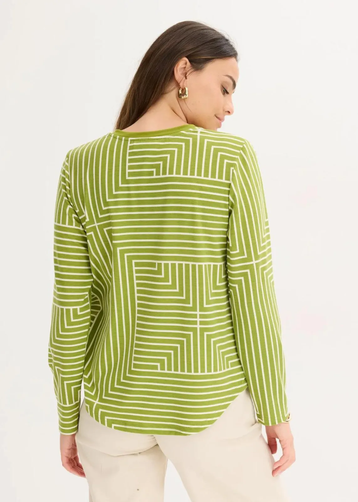 bonprix Shirts & Tops^Viskose Langarmshirt moos/naturbeige graphisch bedruckt