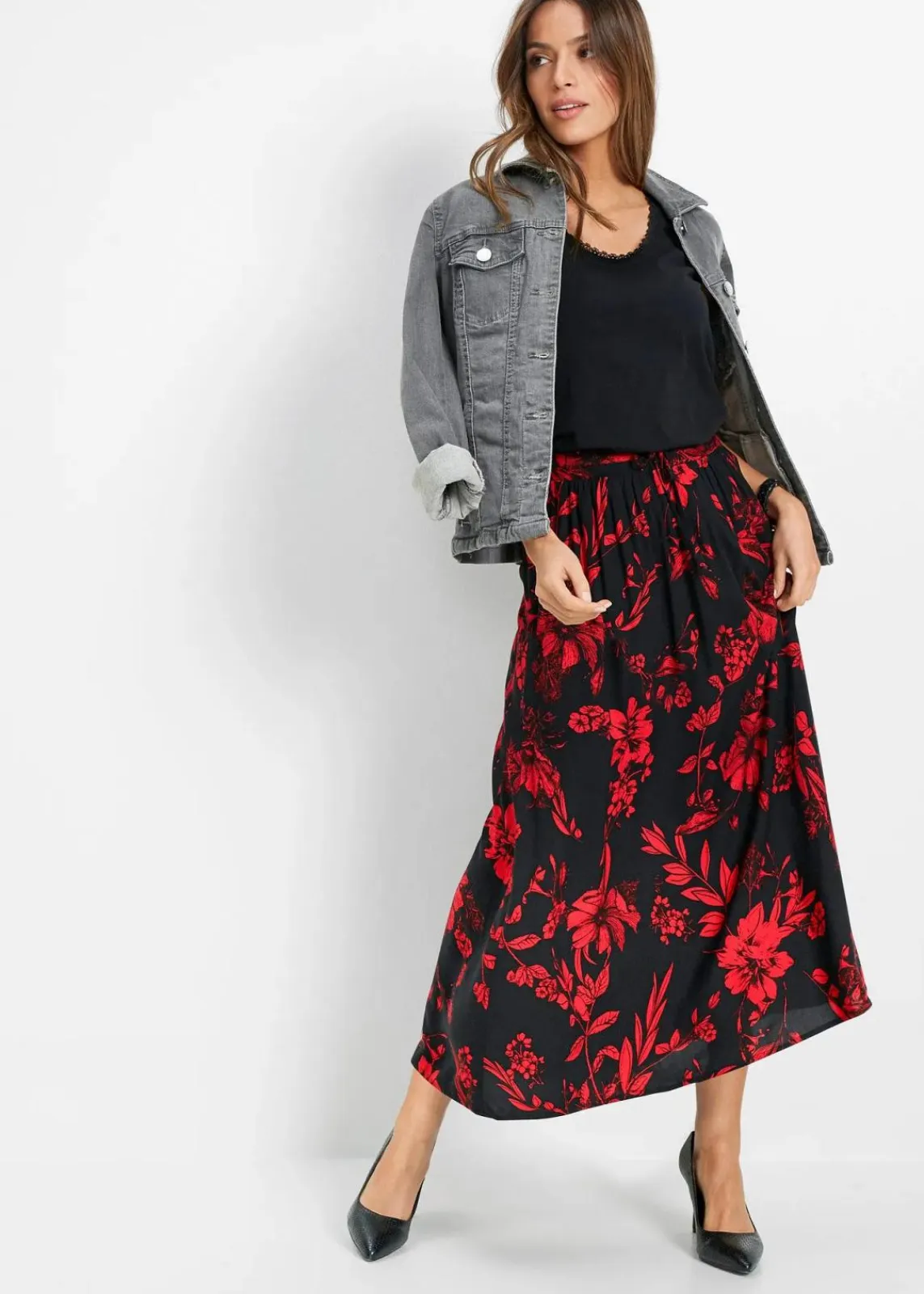 bonprix Röcke|Bekleidung·Sportbekleidung^Viskose Maxirock schwarz/rot floral