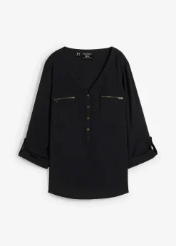 bonprix Bekleidung·Jacken & Mäntel|Blusen & Tuniken^Viskose-Bluse mit V-Ausschnitt, langarm schwarz