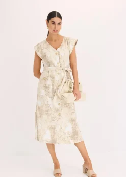 bonprix Bekleidung·Pullover & Strickjacken|Kleider^Viskose-Kleid mit Bindeband (2-tlg.Set) beige leo bedruckt