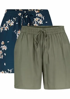 bonprix Bekleidung·Outdoorbekleidung|Bekleidung·Kleider^Viskose-Shorts mit Bindegürtel (2er Pack) dunkelblau geblümt+dunkeloliv uni