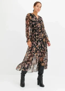 bonprix Bekleidung·Pullover & Strickjacken|Kleider^Vokuhila-Kleid schwarz geblümt