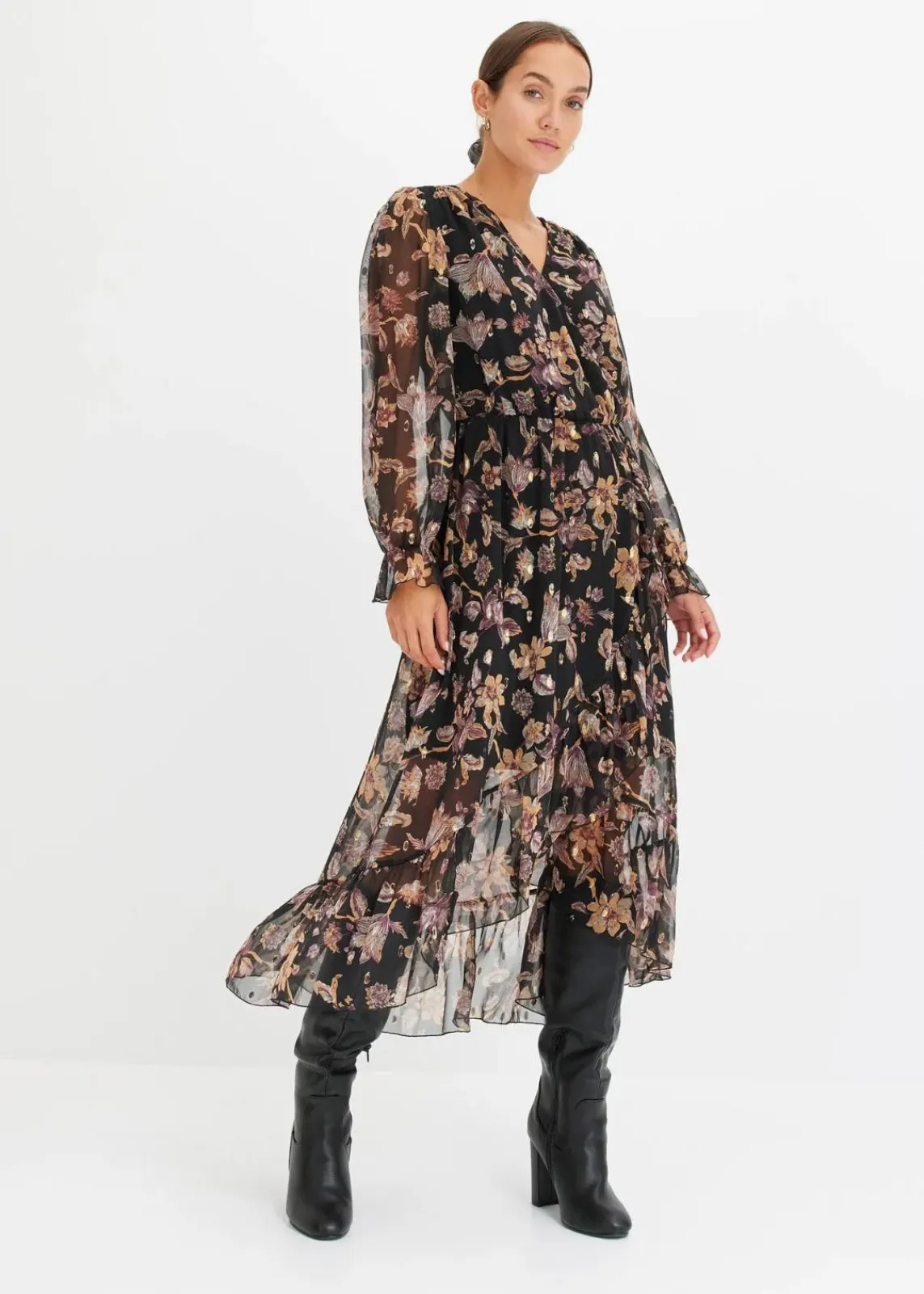 bonprix Bekleidung·Pullover & Strickjacken|Kleider^Vokuhila-Kleid schwarz geblümt