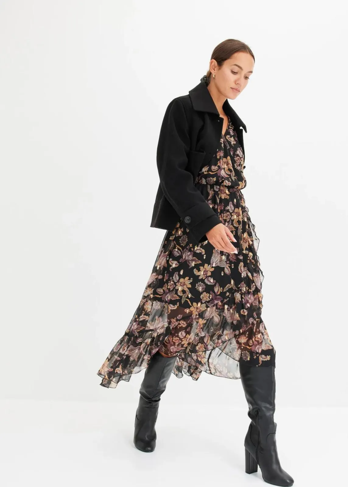 bonprix Bekleidung·Pullover & Strickjacken|Kleider^Vokuhila-Kleid schwarz geblümt