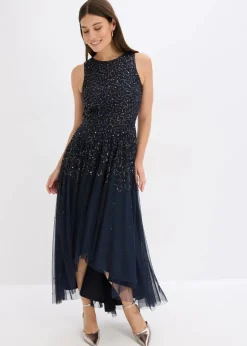 bonprix Bekleidung·Pullover & Strickjacken|Festliche Mode^Vokuhila-Kleid mit Pailettenstickerei dunkelblau