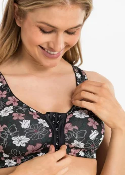 bonprix Wäsche·Baumwollunterwäsche|Wäsche·Große Cups D-H^Vorderverschluss-BH ohne Bügel (2er Pack) mit Baumwolle schwarz geblümt + schwarz