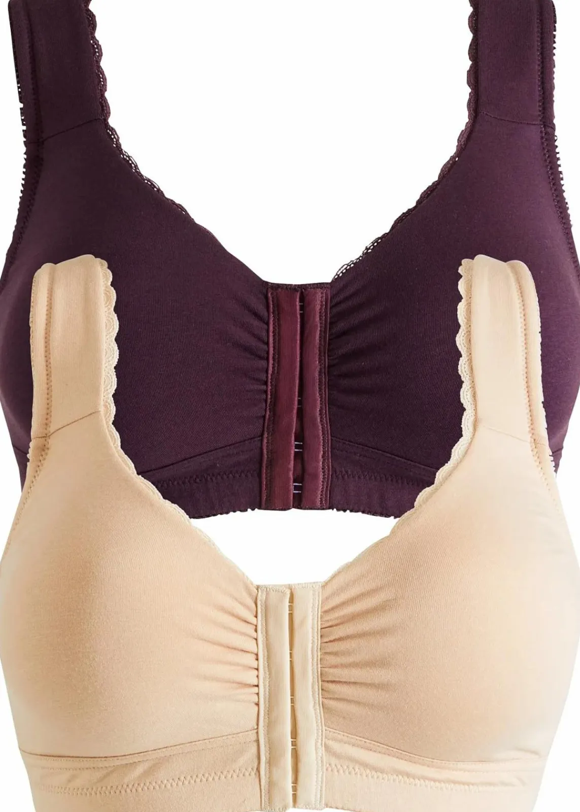 bonprix Große Cups D-H|Nachhaltigere Materialien^Vorderverschluss-BH ohne Bügel mit Bio-Baumwolle (2er Pack) beere + kreidebeige