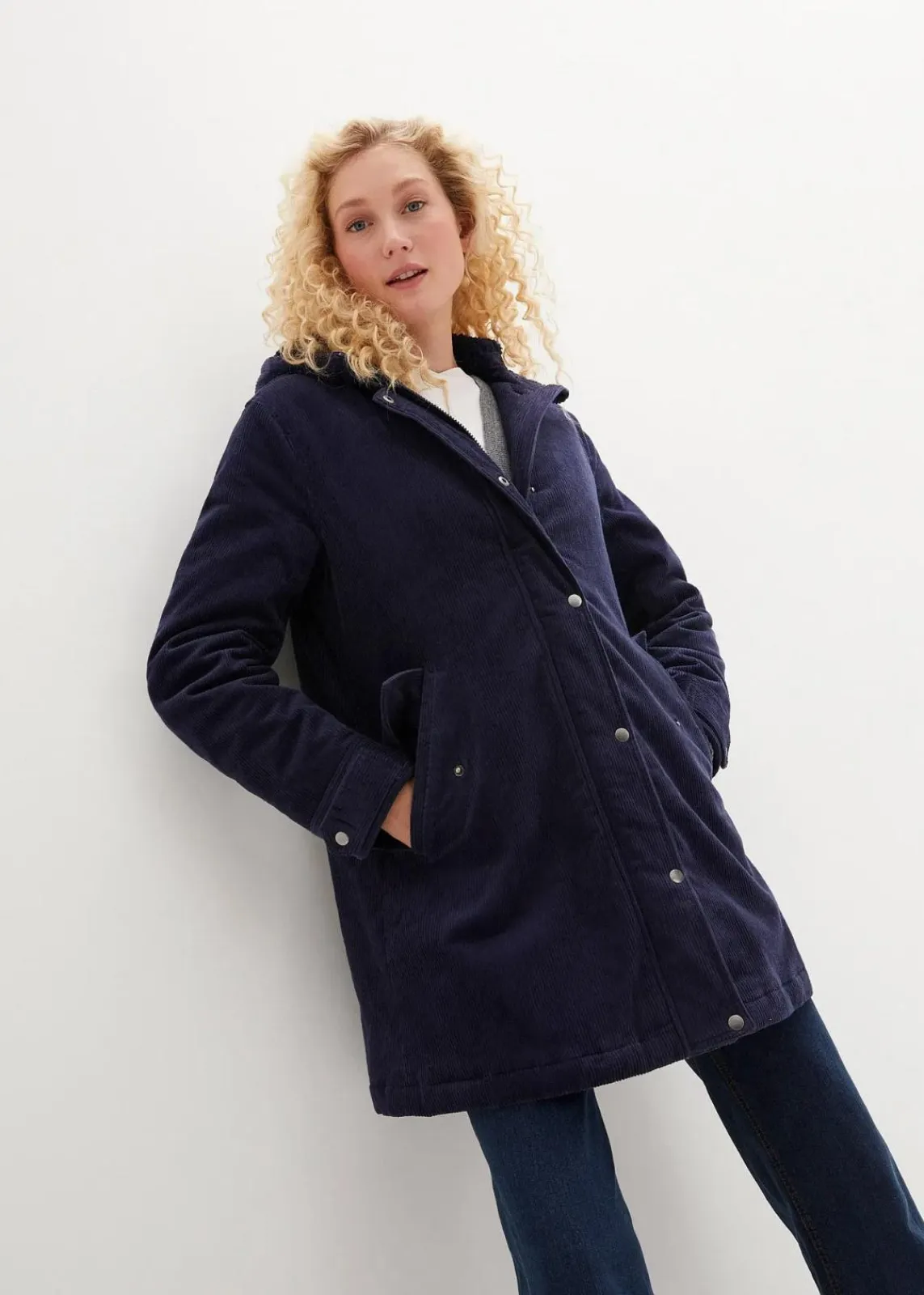 bonprix Jacken & Mäntel|Bekleidung·Hosen^Warmer Cord-Parka mit Teddy-Futter in der Kapuze, in A-Linie dunkelblau