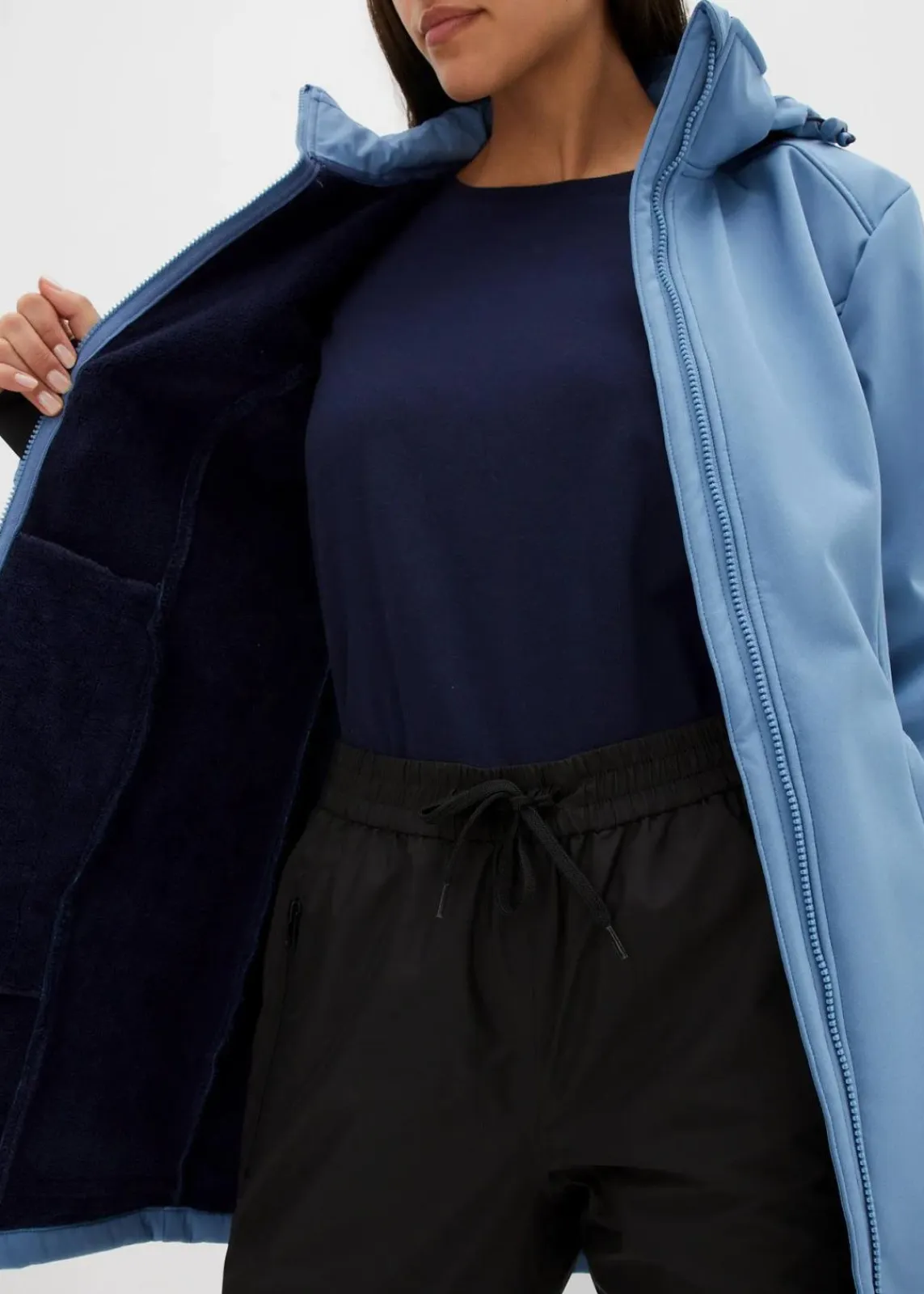 bonprix Bekleidung·Hosen|Jacken & Mäntel^wasserabweisende Funktions-Softshell-Longjacke, Kuschelfleece jeansblau