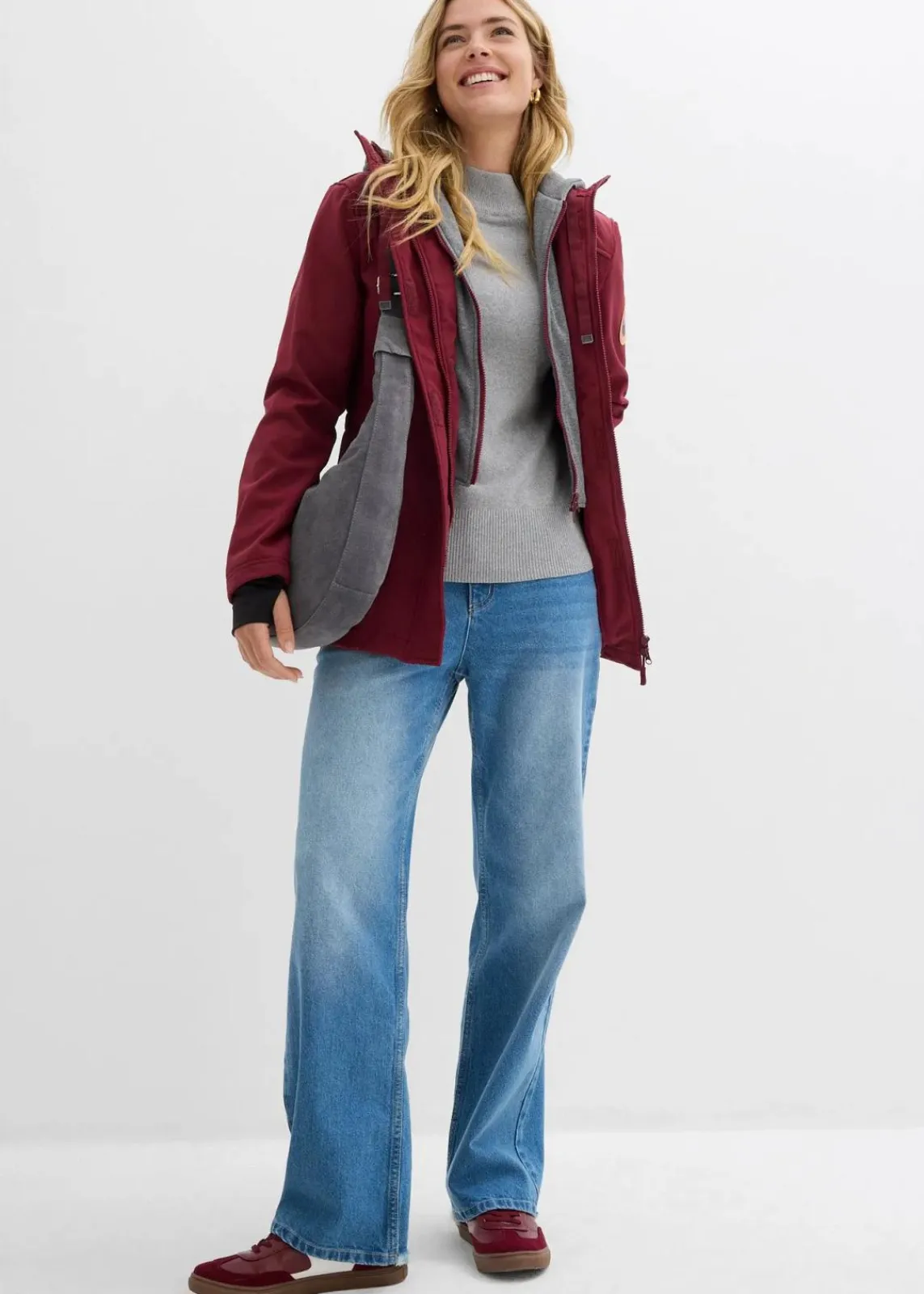 bonprix Jacken & Mäntel|Bekleidung·Hosen^wasserabweisende Softshell-Longjacke, 2 in 1-Optik bordeaux