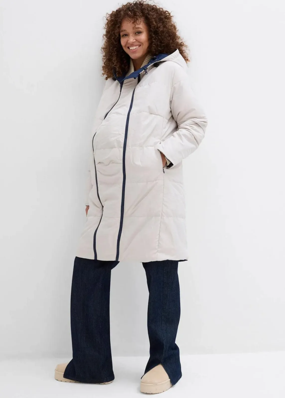 bonprix Bekleidung·Blazer|Umstandsmode^Wasserabweisender 6-in-1 Wende-Umstandsmantel mit Trage- und Schwangerschftseinsatz dunkelblau/grauweiss