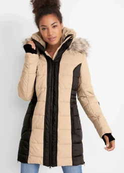 bonprix Jacken & Mäntel|Bekleidung·Hosen^wasserabweisender Outdoor-Kurzmantel mit Fellimitat beige/schwarz