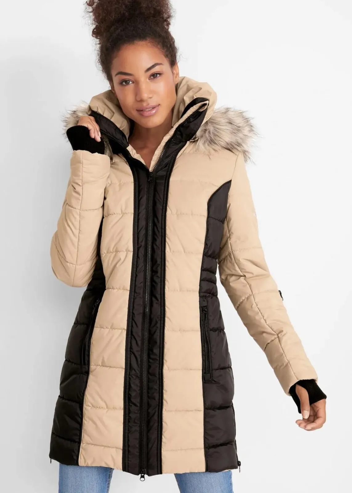 bonprix Jacken & Mäntel|Bekleidung·Hosen^wasserabweisender Outdoor-Kurzmantel mit Fellimitat beige/schwarz