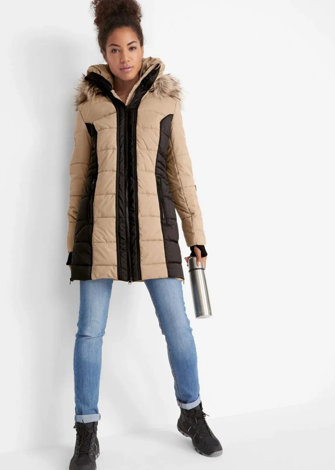 bonprix Jacken & Mäntel|Bekleidung·Hosen^wasserabweisender Outdoor-Kurzmantel mit Fellimitat beige/schwarz