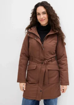 bonprix Bekleidung·Hosen|Jacken & Mäntel^Wasserabweisender Outdoor-Kurzmantel mit Gürtel, Leo-Futter braun