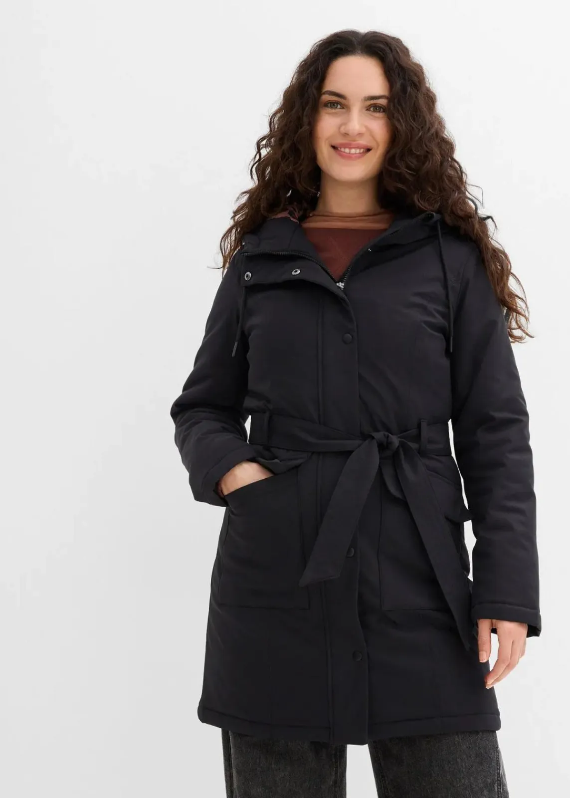 bonprix Jacken & Mäntel|Bekleidung·Hosen^Wasserabweisender Outdoor-Kurzmantel mit Gürtel, Leo-Futter schwarz