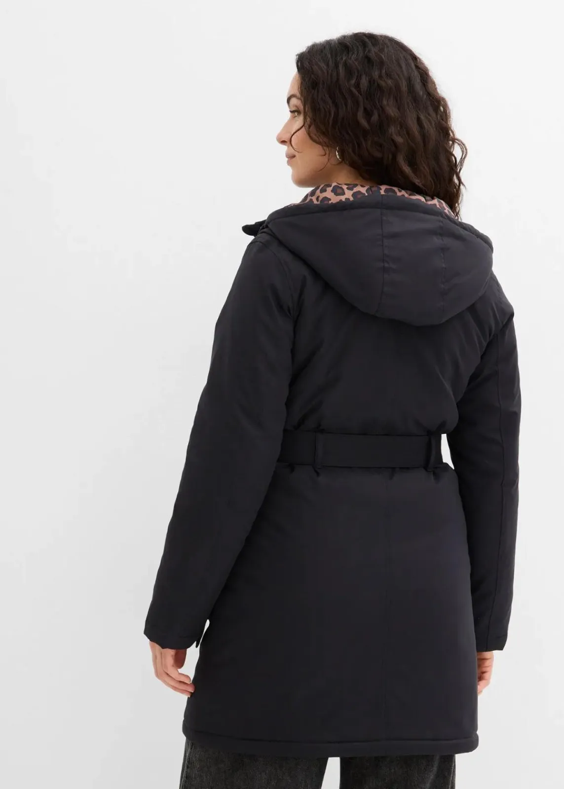 bonprix Jacken & Mäntel|Bekleidung·Hosen^Wasserabweisender Outdoor-Kurzmantel mit Gürtel, Leo-Futter schwarz