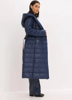 bonprix Bekleidung·Hosen|Jacken & Mäntel^wasserabweisender Steppmantel mit Wollimitat Besatz und Bindegürtel (2-tlg.) dunkelblau