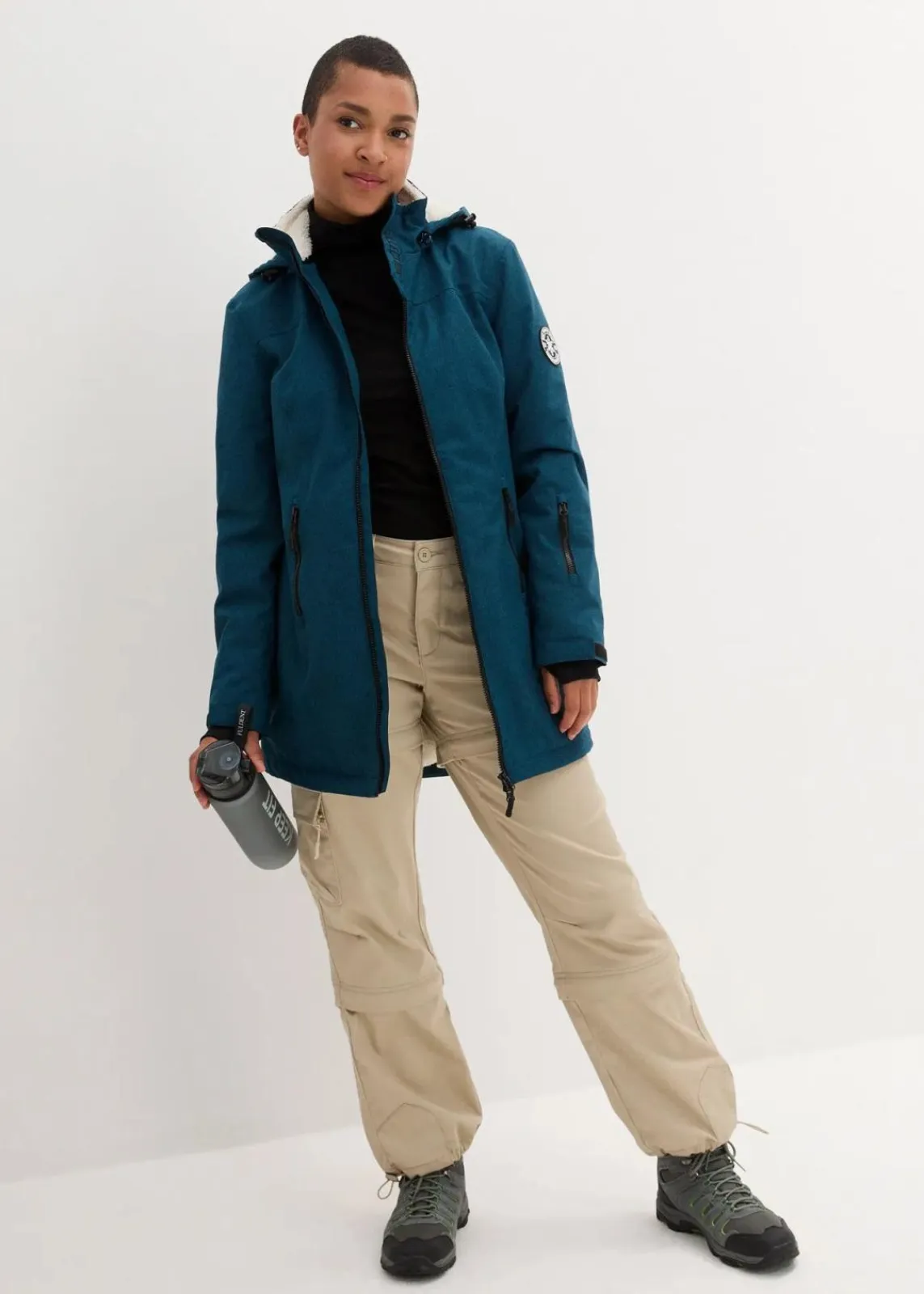 bonprix Jacken & Mäntel|Bekleidung·Hosen^wasserdichte Funktions-Outdoor-Longjacke mit Teddyfleece blaupetrol meliert