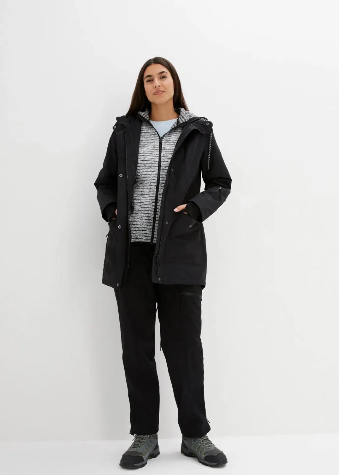 bonprix Bekleidung·Hosen|Thermobekleidung^wasserdichte 3in1 Longjacke mit praktischen Taschen schwarz/grau meliert