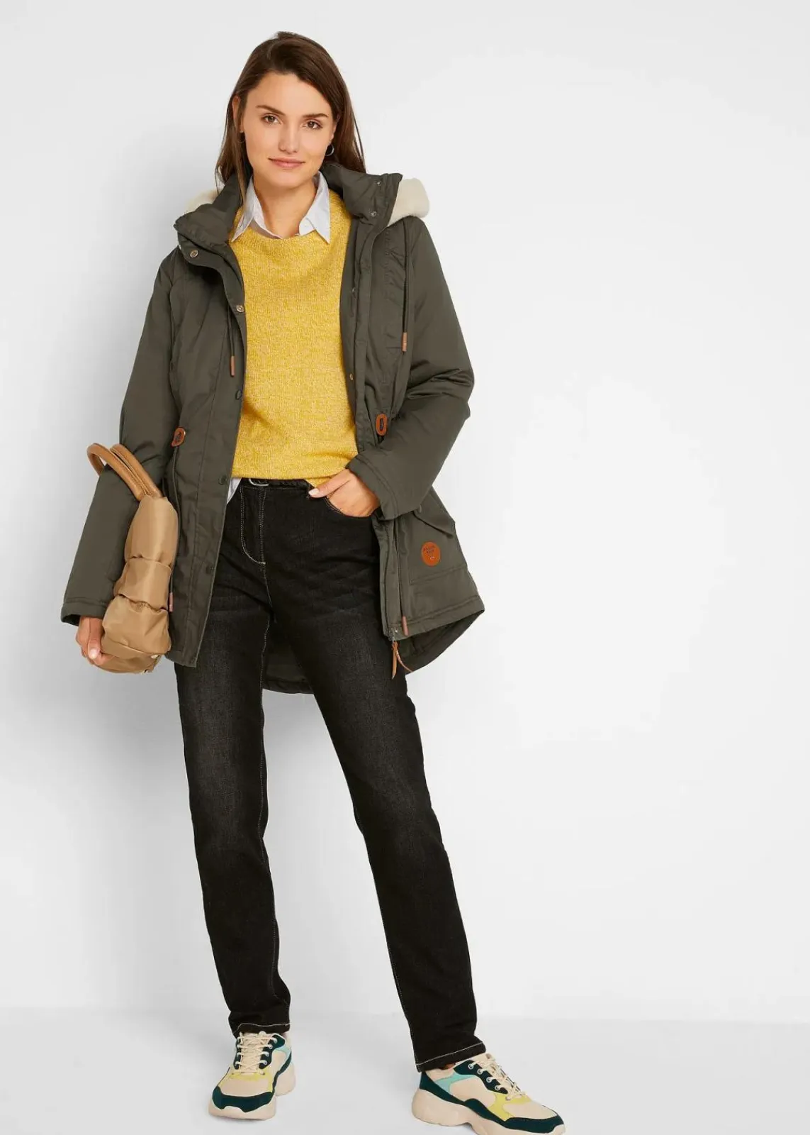 bonprix Jacken & Mäntel|Bekleidung·Hosen^Wattierter Parka mit Fellimitat-Besatz dunkeloliv