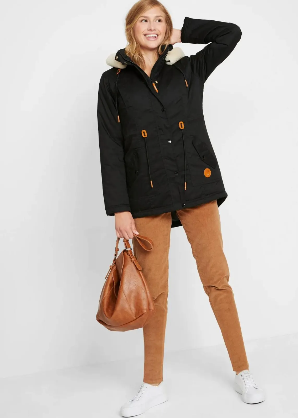 bonprix Bekleidung·Hosen|Jacken & Mäntel^Wattierter Parka mit Fellimitat-Besatz schwarz