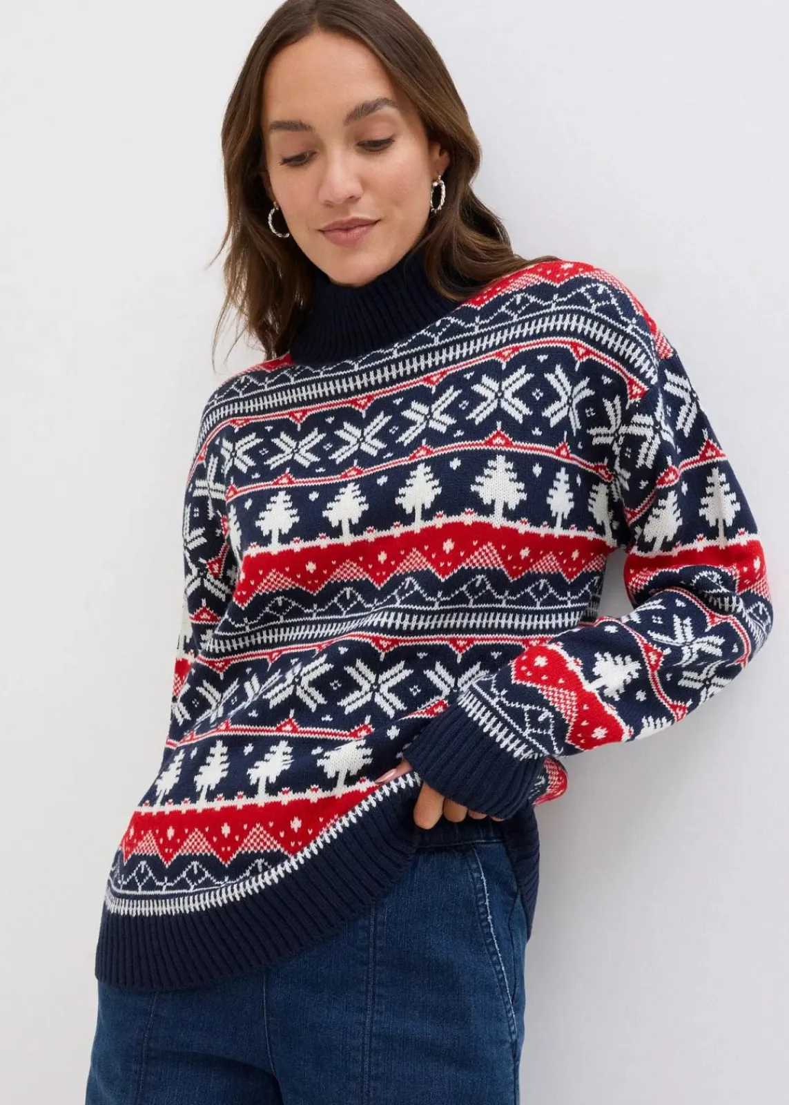 bonprix Bekleidung·Jeans|Nachhaltigere Materialien^Weihnachtspullover mit Turtleneck dunkelblau norwegermuster