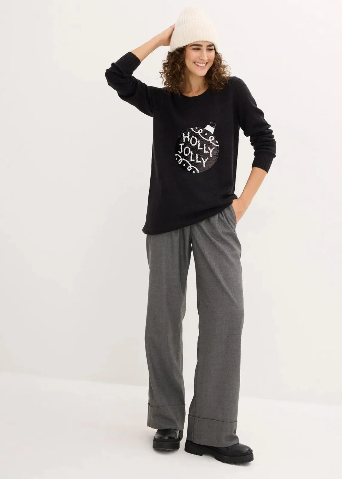 bonprix Bekleidung·Umstandsmode|Bekleidung·Jeans^Weihnachtspullover mit Wendepailletten schwarz