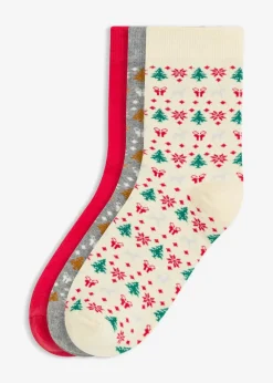 bonprix Socken|Socken^Weihnachtssocken mit Bio-Baumwolle (3er Pack) cremeweiß gemustert + beige meliert gemustert + rot gemustert