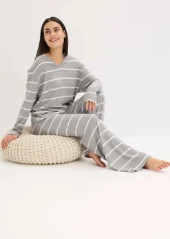 bonprix Wäsche·Homewear|Wäsche·Nachtwäsche^Weit geschnittener Loungewear Hausanzug aus weichem Material grau meliert/naturmeliert gestreift