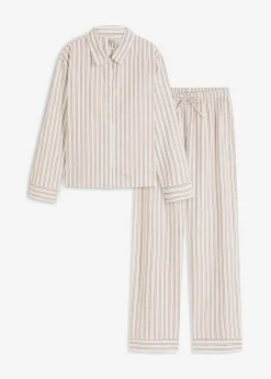 bonprix Wäsche·Homewear|Wäsche·Nachtwäsche^Weit geschnittener Loungewear Hausanzug aus gewebter Baumwolle natur/mattbraun gestreift